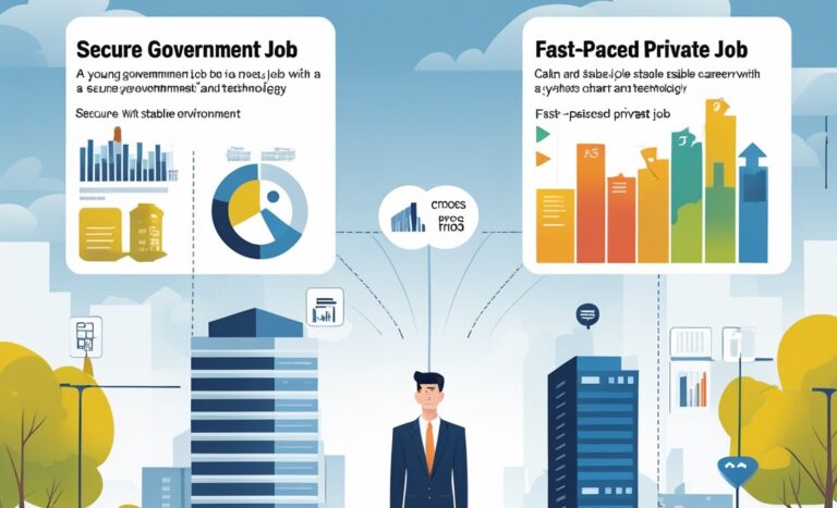 Confused young Indian candidate choosing between government job and private job, career comparison concept