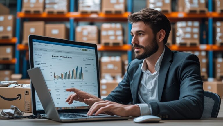 Entrepreneur earning money using Amazon FBA model in 2025 by selling private label products online