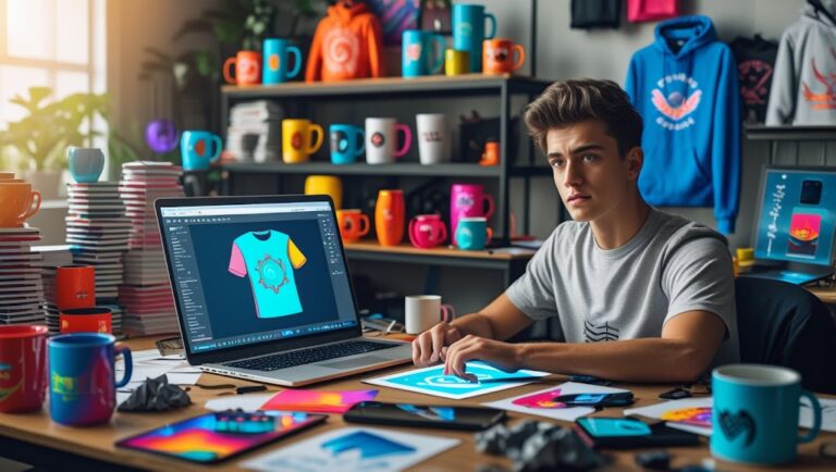 An entrepreneur launching a print-on-demand business with custom t-shirts, mugs, and online store in 2025