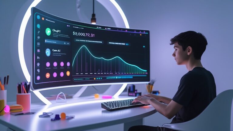 A freelancer earning money using AI tools like ChatGPT, MidJourney, and other automation platforms in 2025