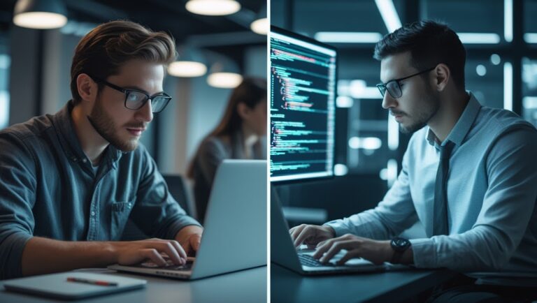 Confused beginner thinking between coding and non-coding jobs, career icons like laptop, code, customer support, data entry, design, IT jobs, surrounded by job choice symbols