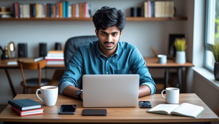 A student working on a laptop from home, exploring online job opportunities in 2025