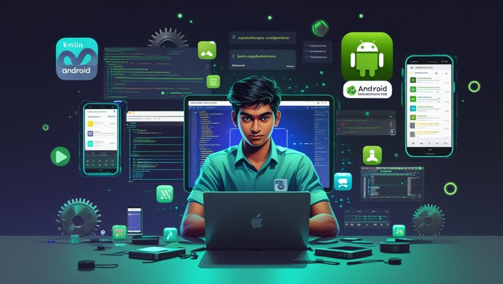 "एक मोबाइल स्क्रीन पर Android Studio और कोडिंग इंटरफेस के साथ Android App Development की शुरुआत करते हुए व्यक्ति"