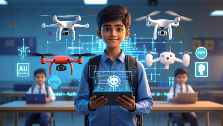 10th pass student exploring drone technology and artificial intelligence courses with futuristic icons and tech visuals