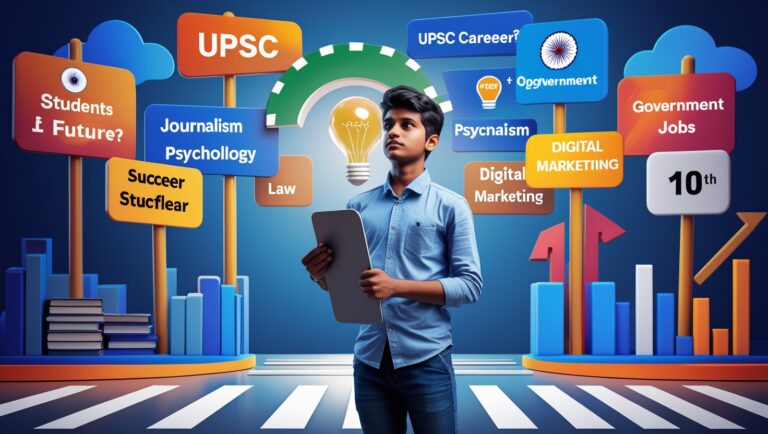 Arts stream student exploring future career options like UPSC, psychology, journalism, law, design with growth and opportunity icons