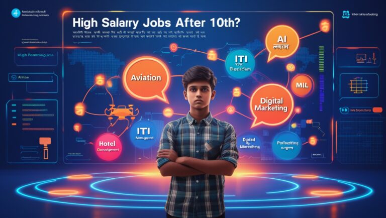Student exploring high salary courses after 10th like AI, coding, digital marketing, aviation, and technical diplomas for better career in 2025
