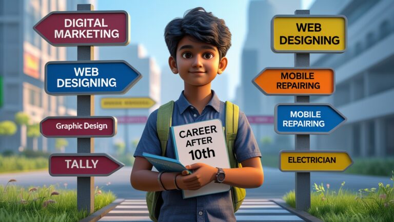Student exploring affordable courses after 10th with icons of digital marketing, ITI, graphic design, and computer courses