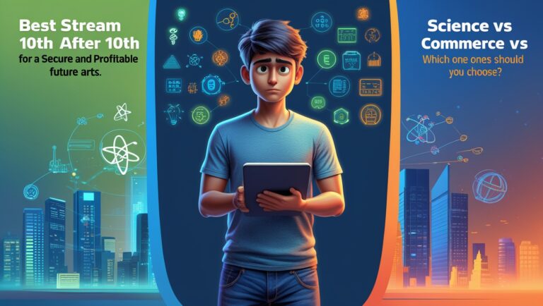 10th class student confused between Science, Commerce, and Arts streams with symbols of safety, income, and future growth