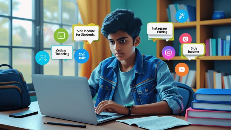 School-going student managing studies and earning side income through online and offline methods like freelancing, tutoring, and content creation