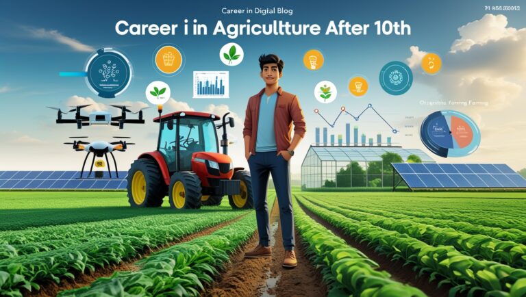 10th pass student in green field with agriculture tools and icons of farming, horticulture, poultry, dairy, and agri-science courses