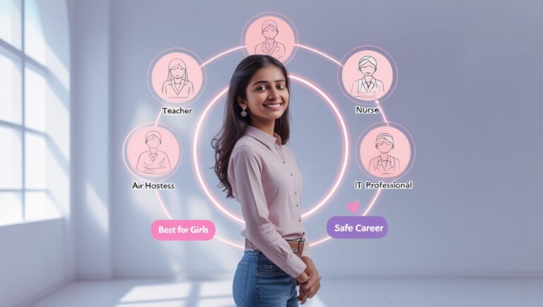 10th pass girl student choosing best career path with icons of nursing, fashion design, coding, teaching, and air hostess careers