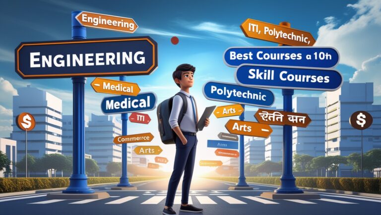 Student after 10th exploring best courses with icons of diploma, ITI, polytechnic, paramedical, computer courses, and high salary graph