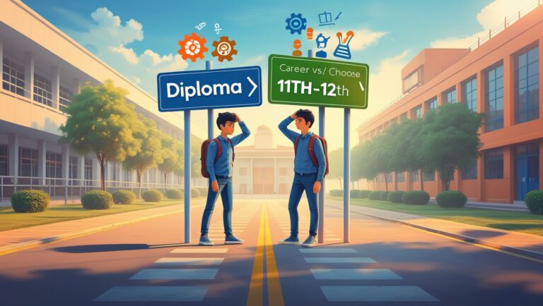 Confused 10th pass student standing at a crossroads showing two paths – one labeled ‘Diploma Courses’ with technical tools and the other ‘11th–12th’ with books, science, commerce, and arts icons