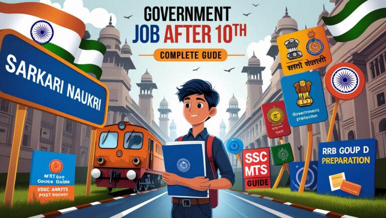 Young 10th pass student holding a government job application form with background visuals of government buildings, exam symbols, police, army, and railway icons