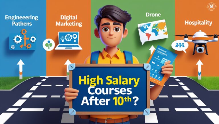 Student after 10th looking at top high salary career options like AI, data science, aviation, and coding courses with salary icons