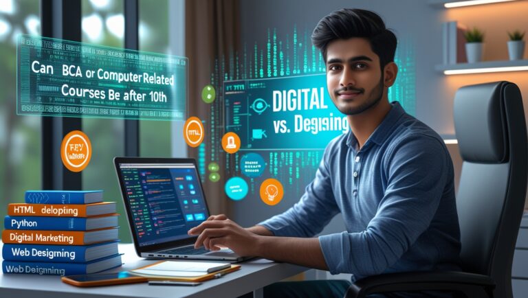 Student after 10th exploring BCA and computer courses like coding, web development, software, and IT with computer icons and roadmap