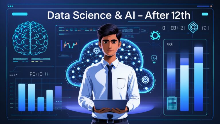 12th pass student exploring career in data science and artificial intelligence with icons of coding, data analysis, AI brain, and charts
