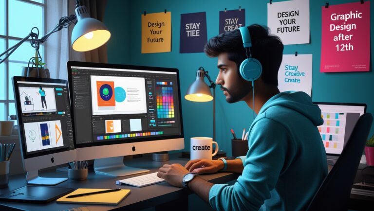 12th pass student learning graphic design with icons of Photoshop, Illustrator, digital art tools, creativity, and career growth chart