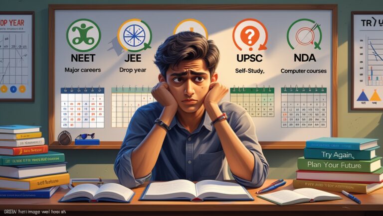 Confused 12th pass student thinking about taking a drop year with pros and cons icons like time, stress, preparation, and future goals