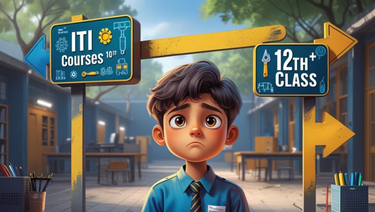 10th pass student in front of industrial tools and workshop icons representing ITI trades like electrician, fitter, welder, mechanic, and technician