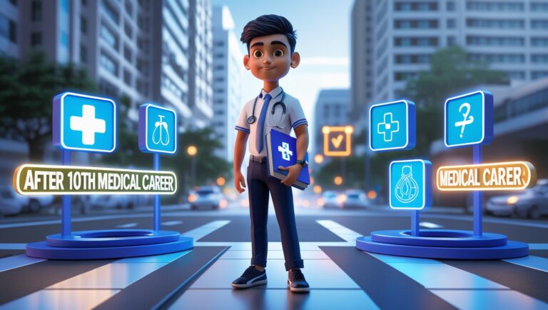 10th pass student in medical uniform with stethoscope, surrounded by icons of medical lab, nursing, pathology, pharmacy, and healthcare tools