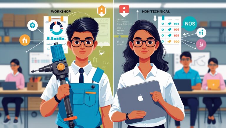 Student comparing technical vs non-technical courses after 10th with icons like tools, machines, books, creativity, and career direction signs