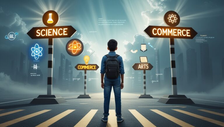 Confused 10th pass student choosing between Science, Commerce, and Arts stream with related icons and future career paths in background